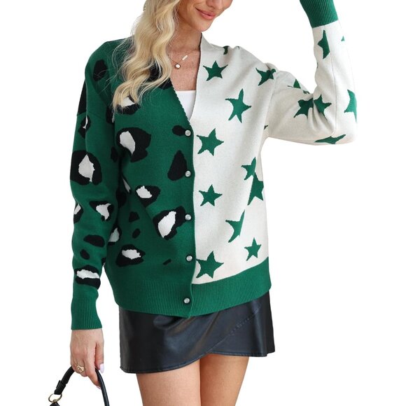 Women's Leopard Star Cardigan V-Neck Long Sleeve Button Down Oversized - Picture 1 of 7